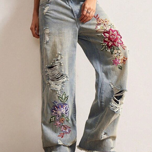 Casual Women's Boho Woven Embroidered Beaded detailed Jeans - Picture 2 of 8